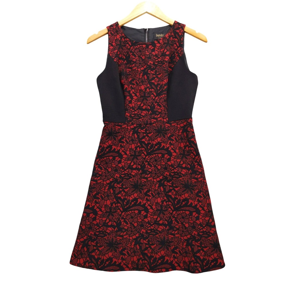 Laundry by‎ Shelli Segal Red Black Floral Lace Sleeveless A-Line Dress Size 0